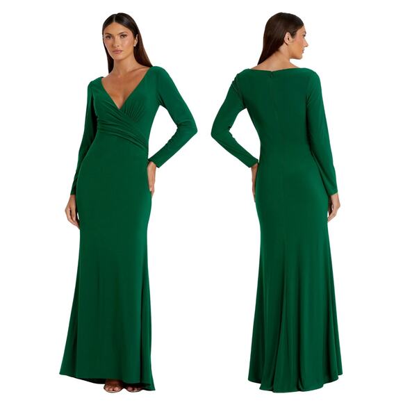Ieena Mac Duggal 26573 Gown Long Sleeve Ruched Jersey V-Neck Emerald Size 12 - Picture 1 of 11